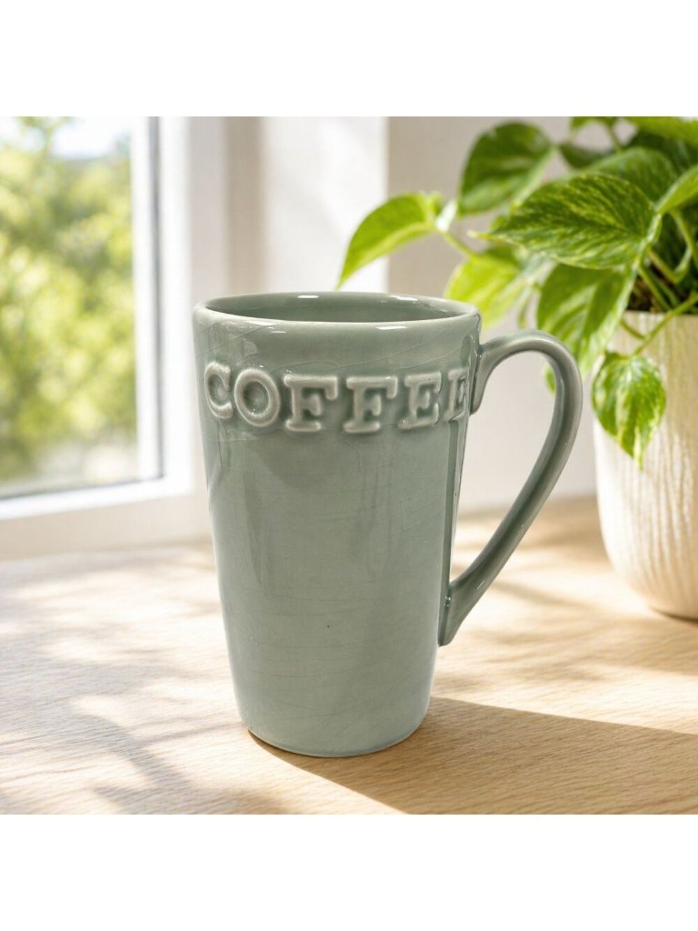 Primagera Green Ceramic Coffee Mug Made in Portugal With Embossed Lettering Dish